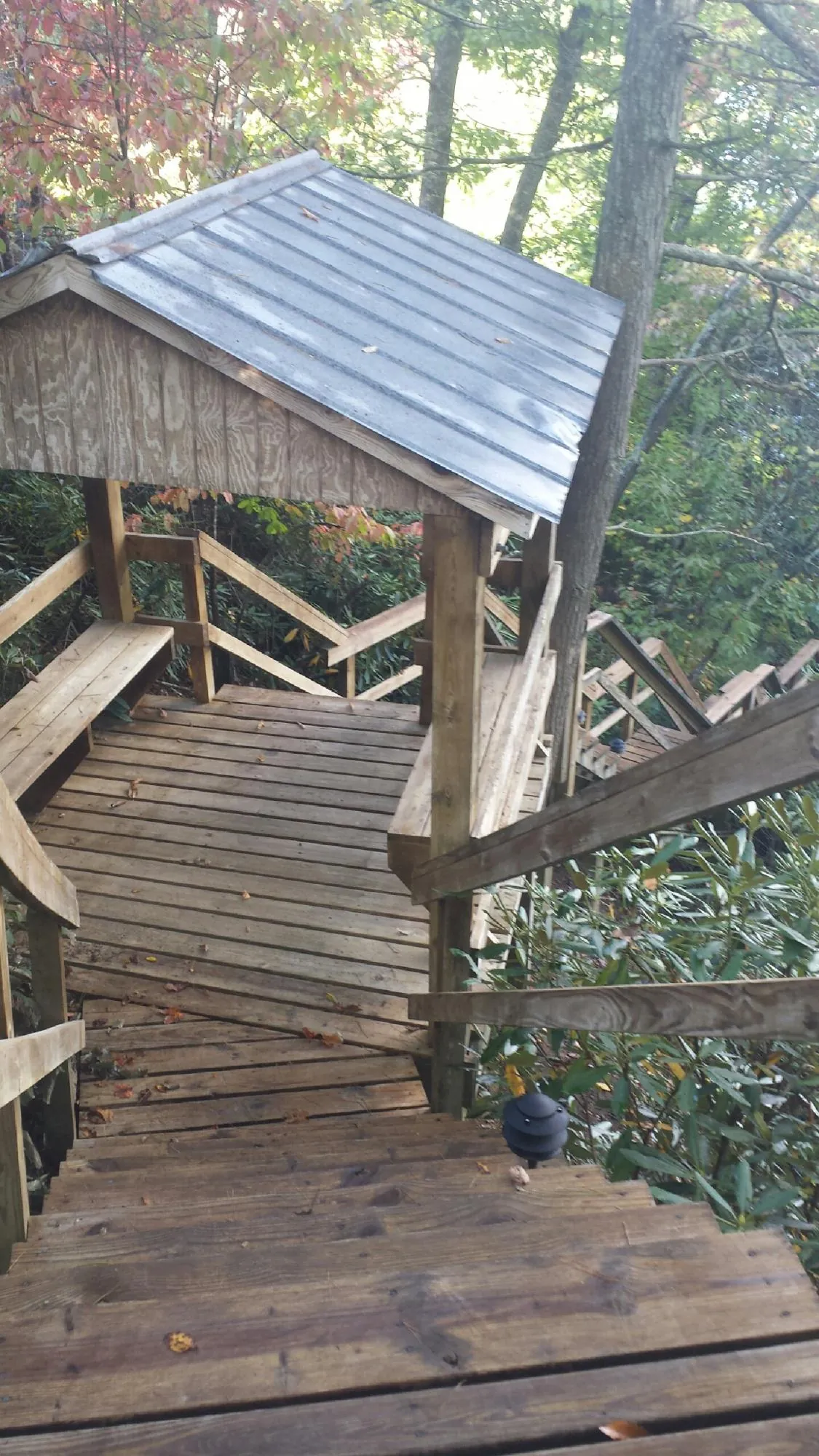 Metal roofed shelter over wooden steps on a wooded walkway — Skylight Repair & Installation work by our crew in Margaretville